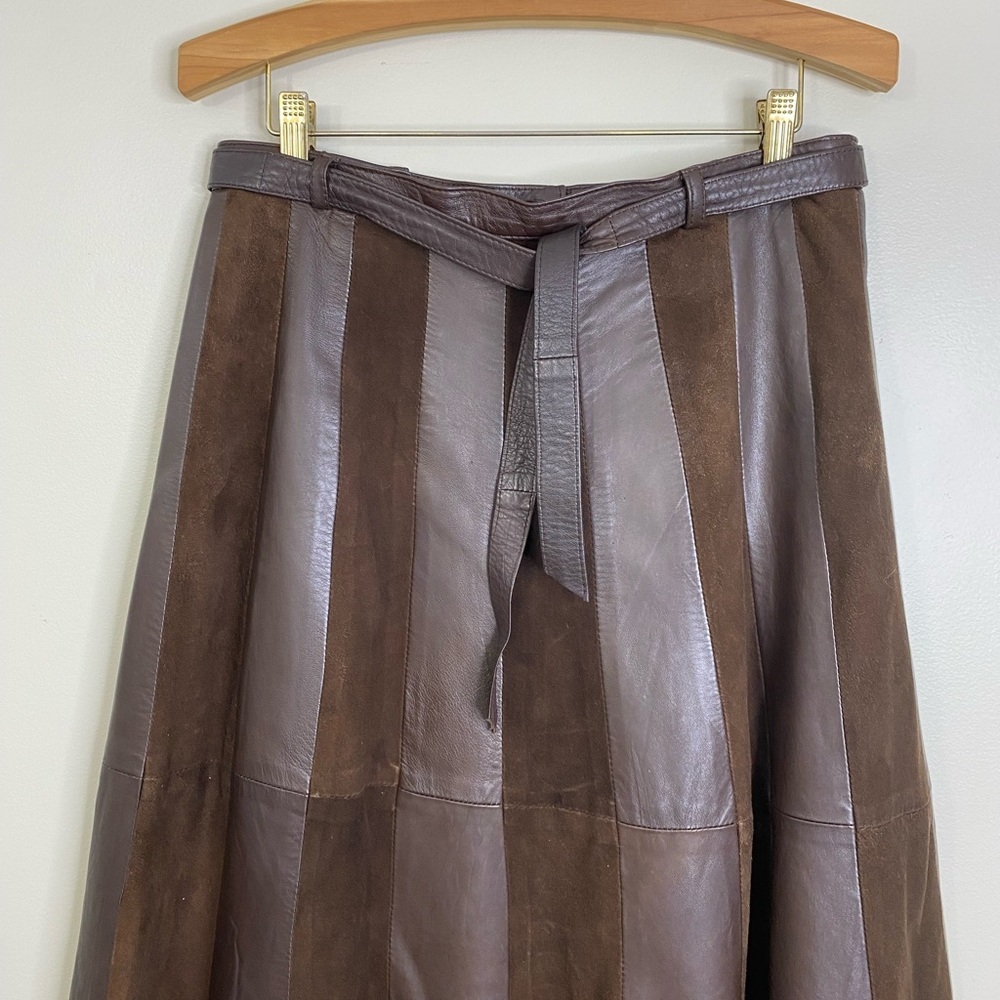 VINTAGE LEATHER SUEDE STRIPED ALINE SKIRT WITH MATCHING LEATHER TIE, ZIGZAG HEM - Picture 7 of 14